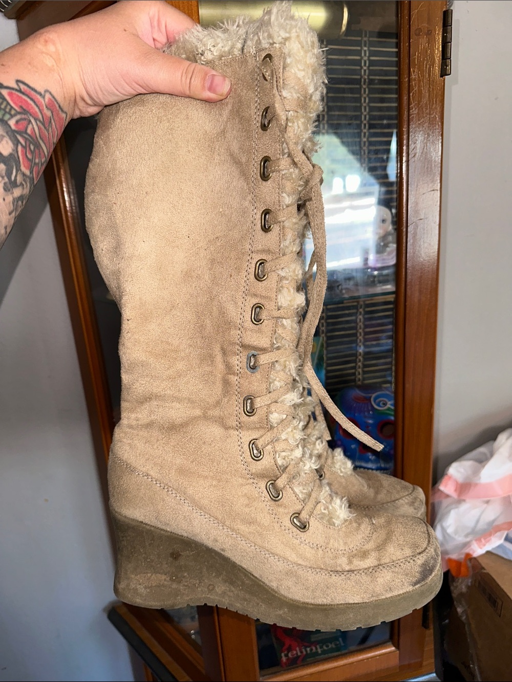 Canyon River Blues Beige Lace-Up Wedge Fur-Trim Tall Boot